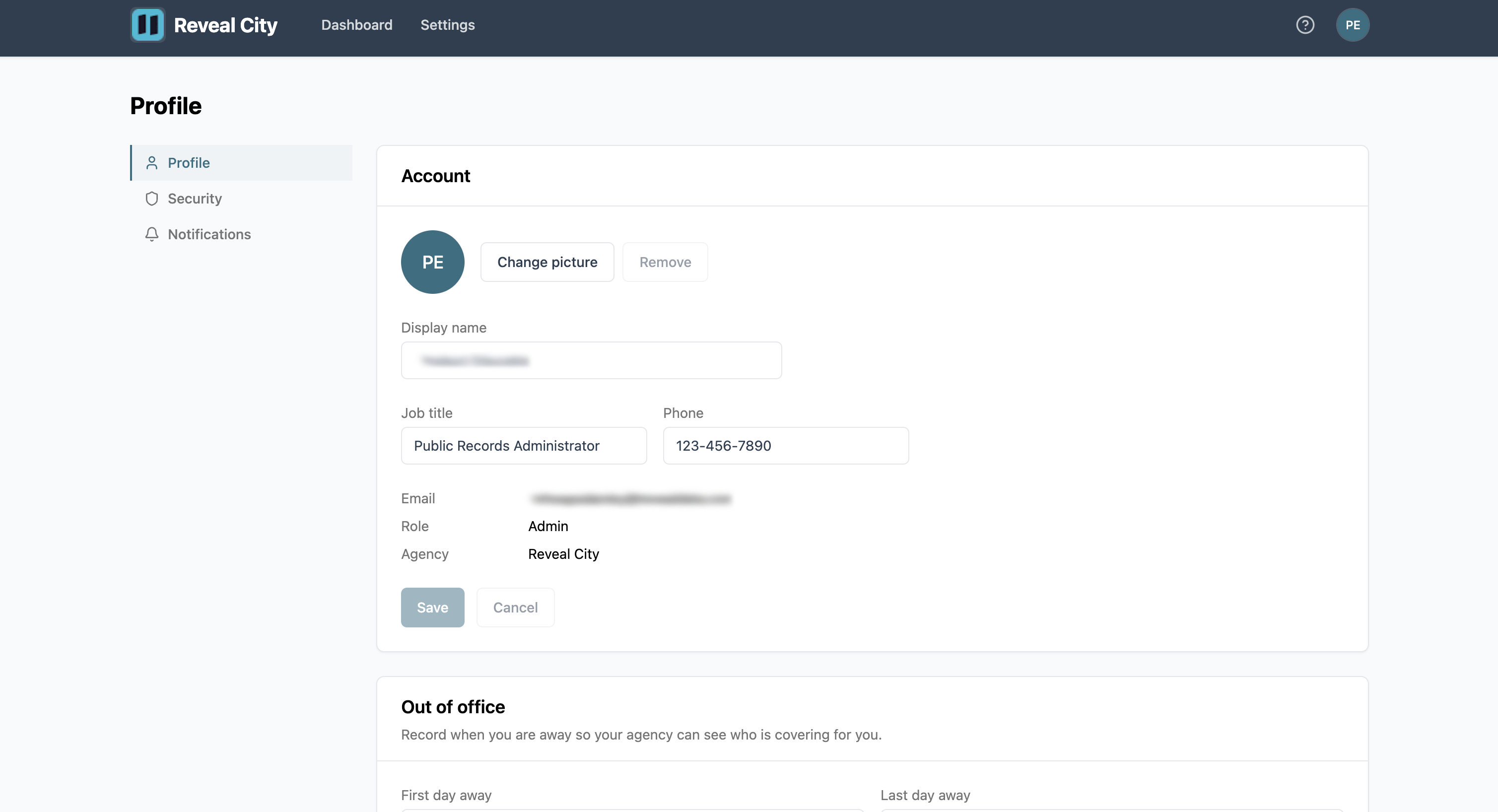 User profile settings showing account details and out of office options.